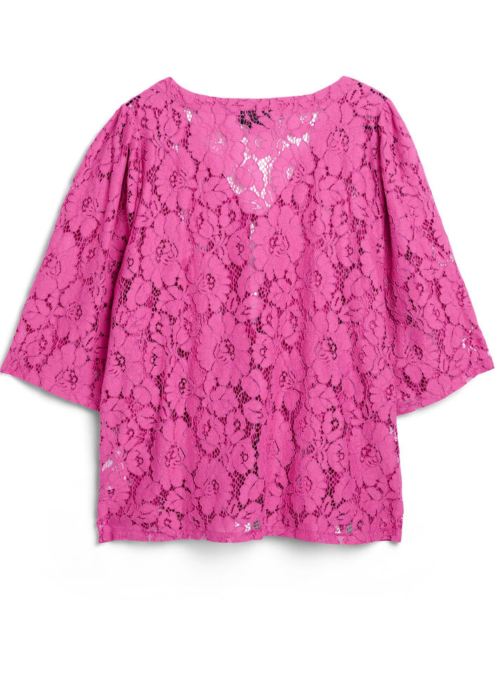 Bluse med blonder, 3/4 ermer og sløyfer foran, Purple Orchid, Packshot