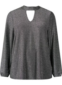 Langermet bluse med glitter, rund hals og V-detalj