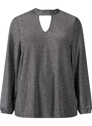 Langermet bluse med glitter, rund hals og V-detalj, Black Silver, Packshot image number 0