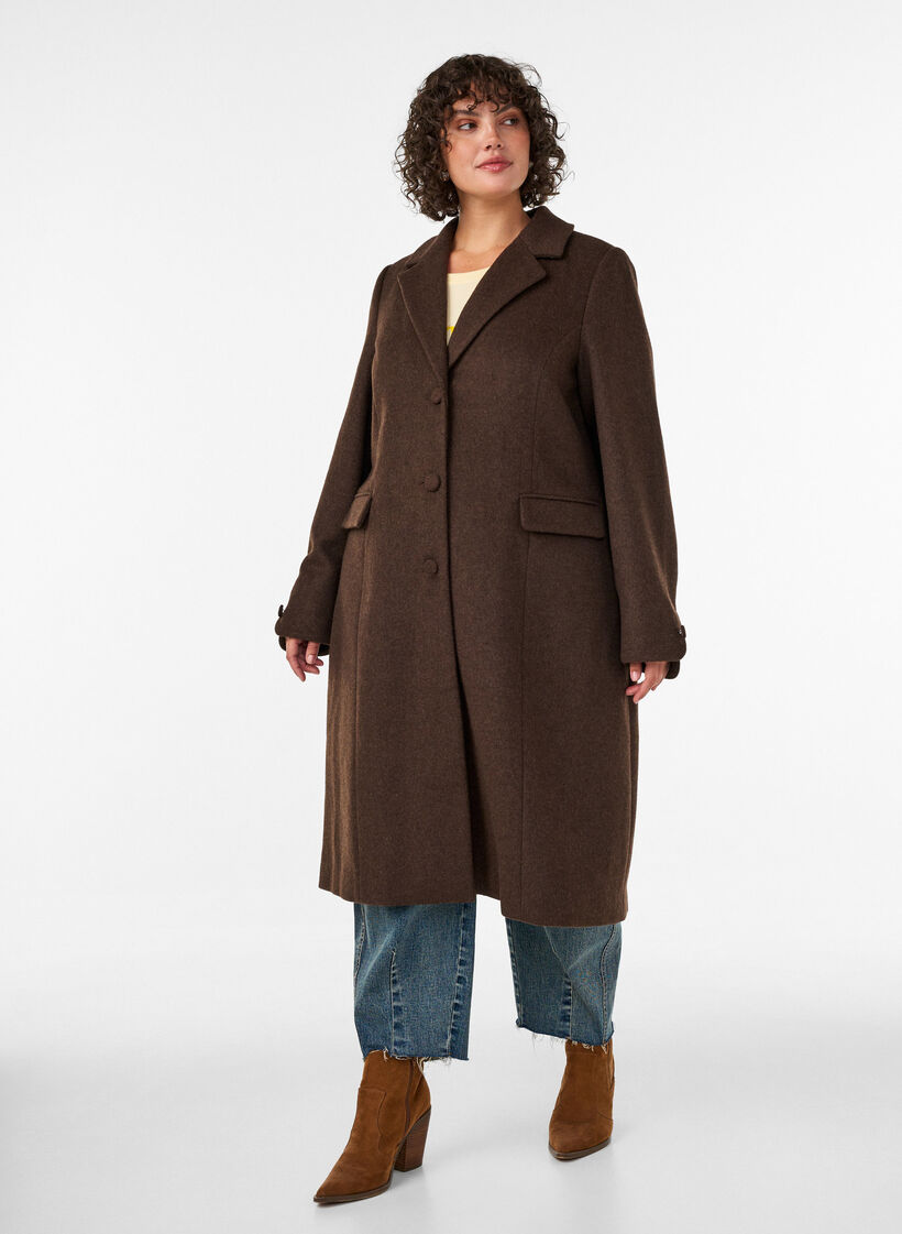 Ullblandet k&aring;pe med slag og knapper, Brun, Model image number 0
