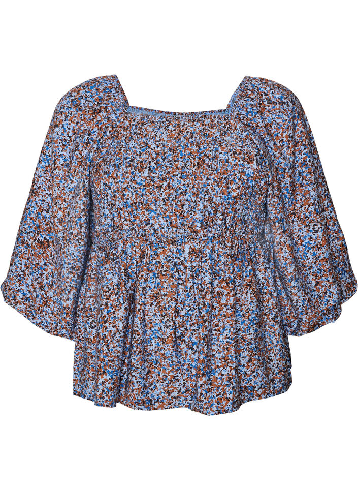 Bluse med smock og firkantet utringning, Bl&aring;, Packshot image number 0