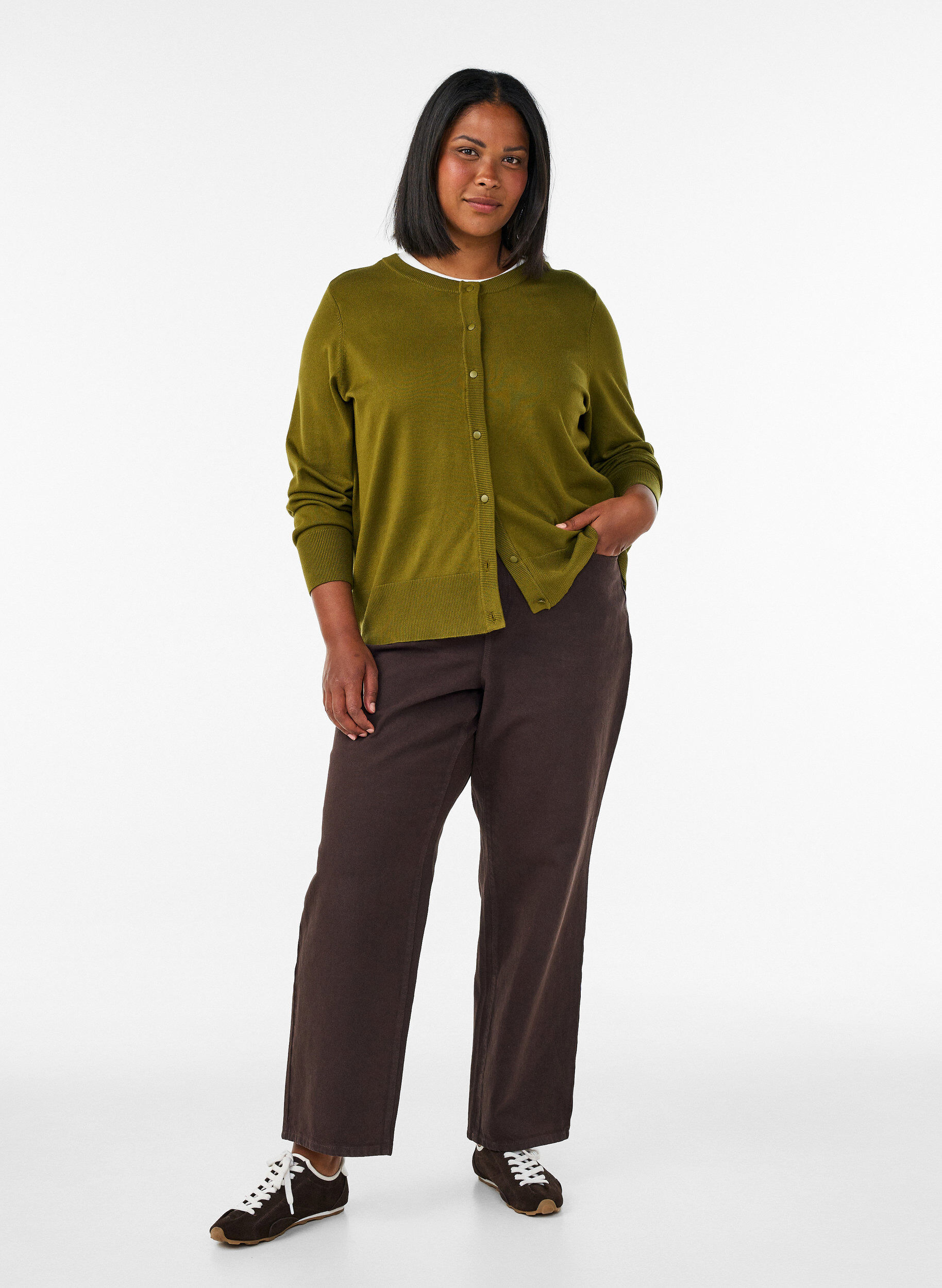 ZizziStrikkecardigan med rund hals og knapper, Gr&oslash;nn, Model image number 1
