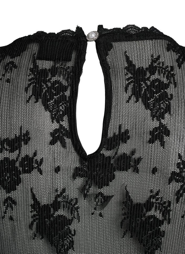 Langermet meshbluse med blondemønster, Svart, Packshot