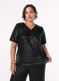 Paljettbluse med V-hals og korte ermer, Svart Paljettbluse med V-hals og korte ermer, Svart, Model