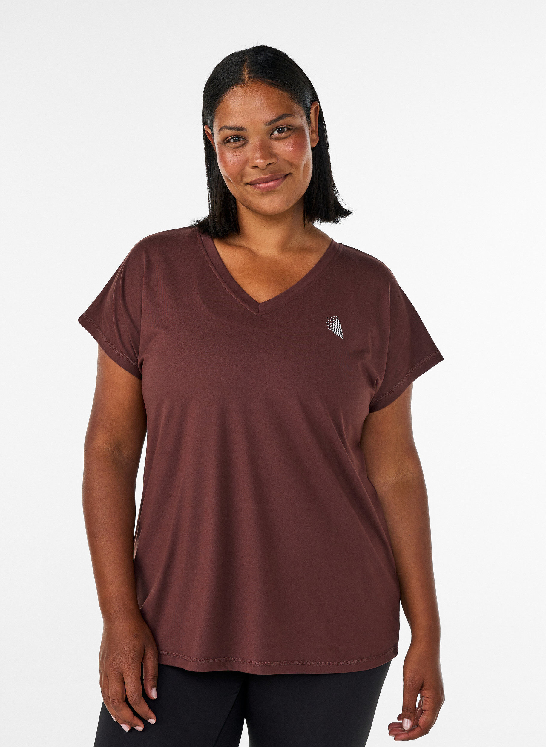 L&oslash;stsittende trenings-t-skjorte med v-hals, Brun, Model