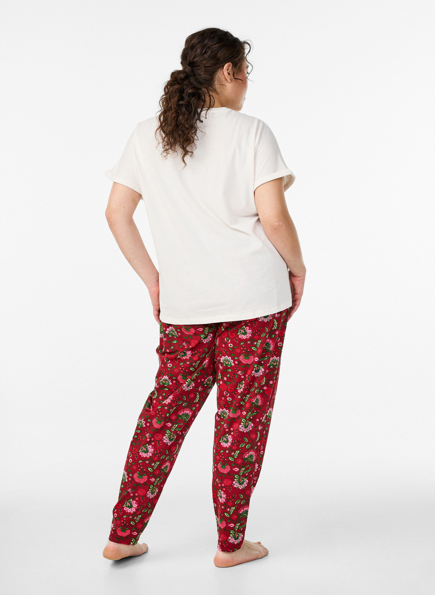 Zizzi Bomulls pyjamasbukser med trykk, R&oslash;d, Model image number 1