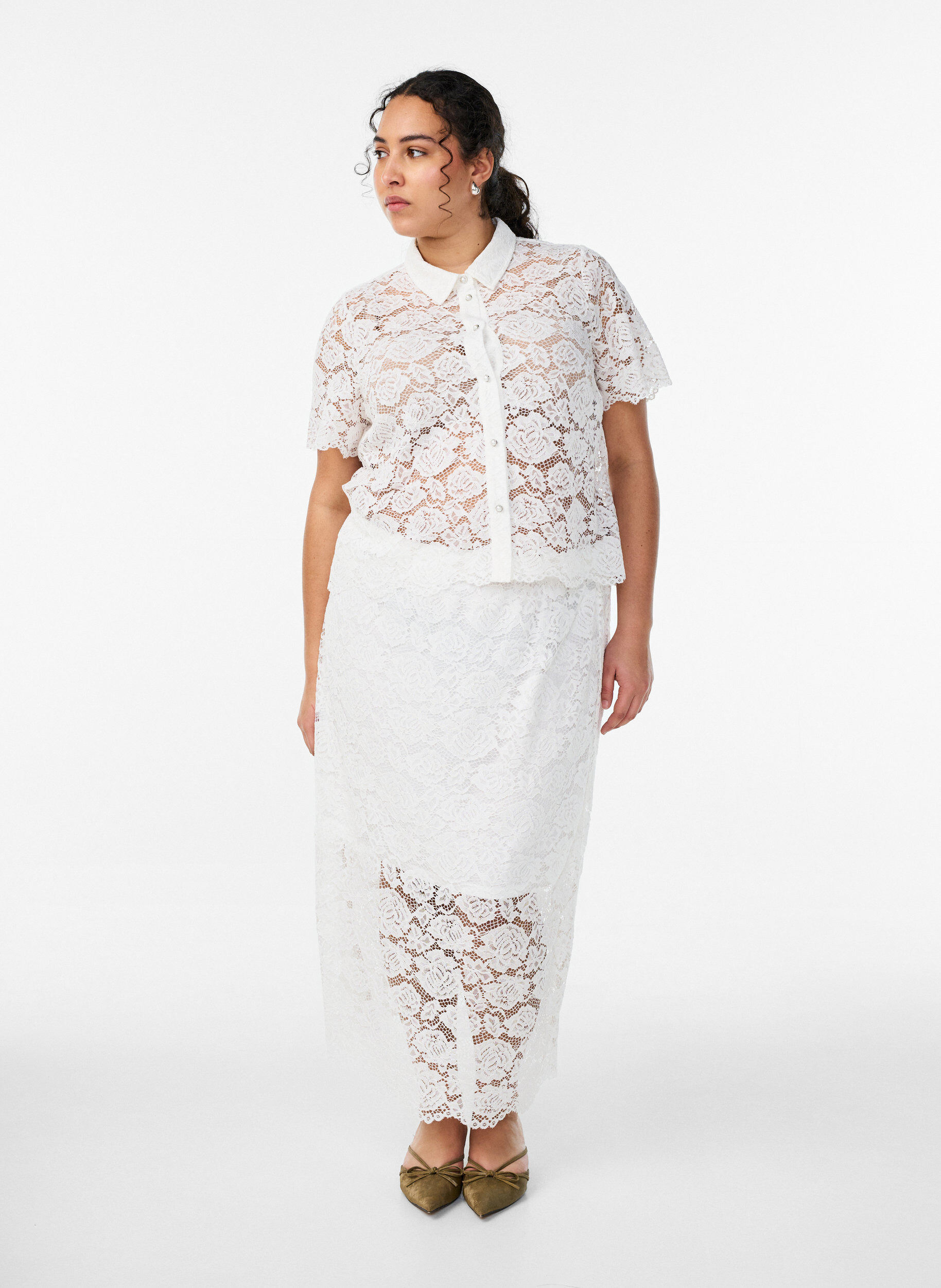 Zizzi Midiskj&oslash;rt med blonder og elastisk midje, Hvit, Model image number 1