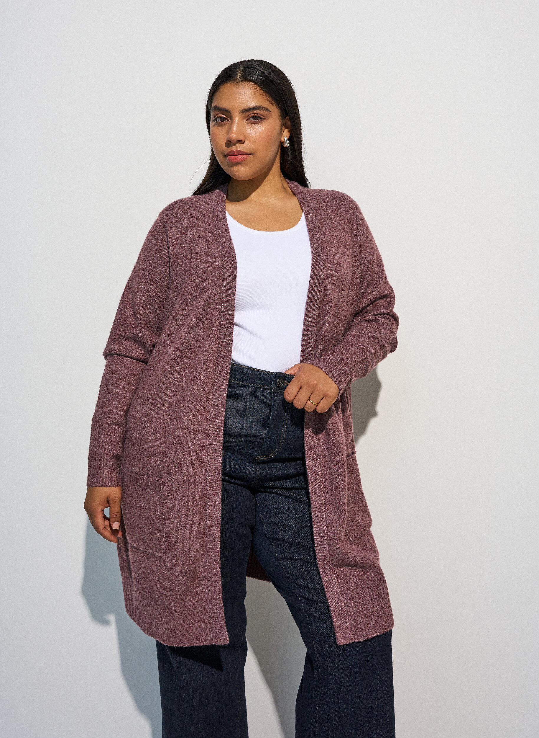 Ribbestrikket cardigan med lommer, Rosa, Model