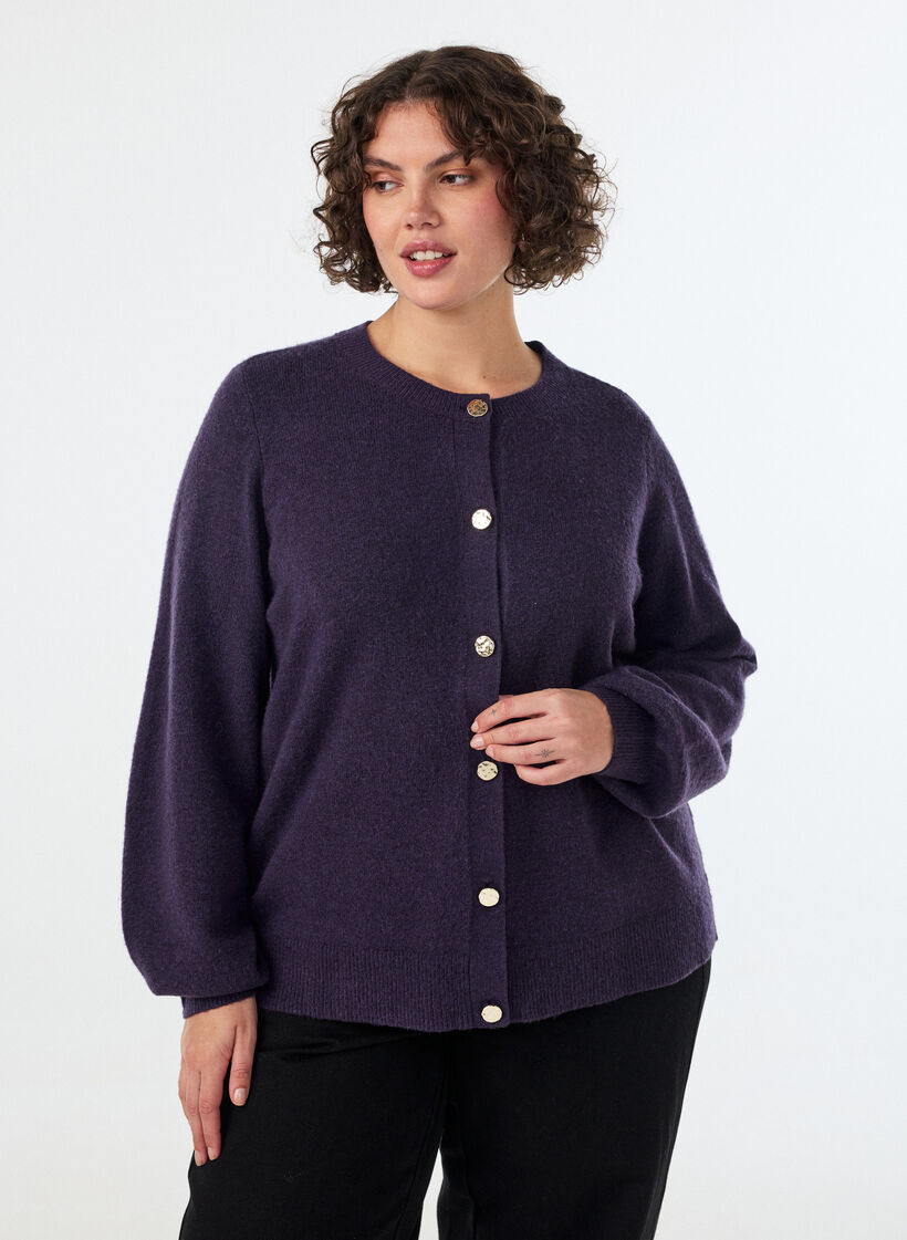Cardigan i myk strikk med gullfargede knapper, Lilla, Model image number 0