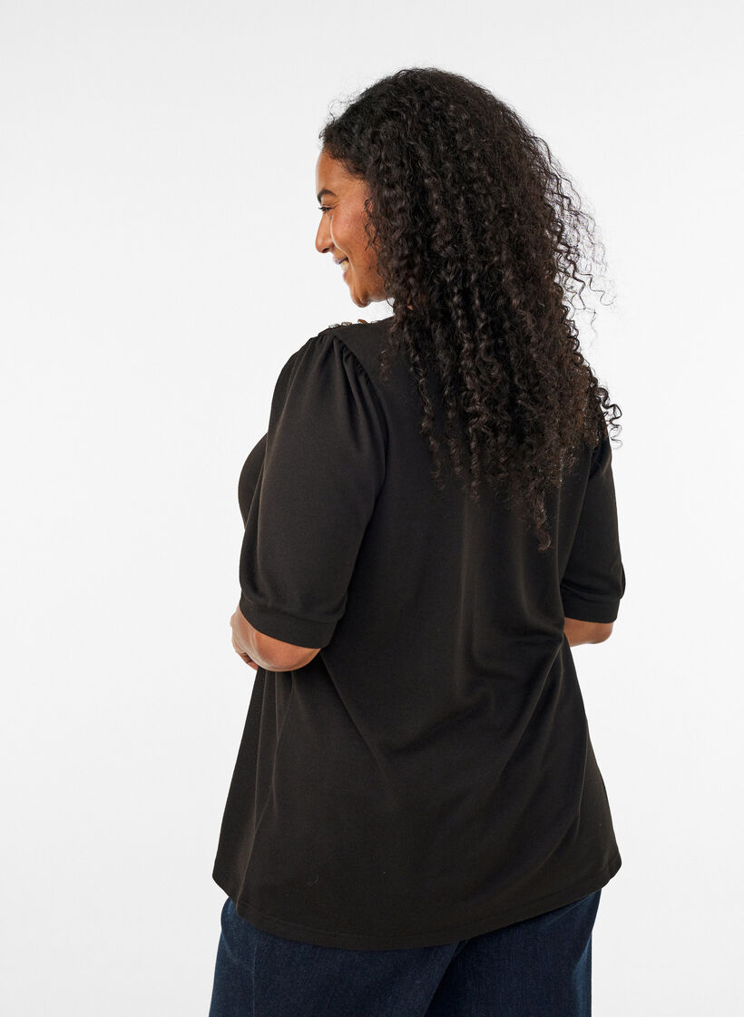 Bluse med knappedetaljer og korte puffermer, Svart, Model image number 2