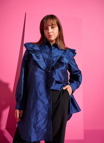 Zizzi Ensfarget skjorte med volangedetaljer, Titan, Image image number 0