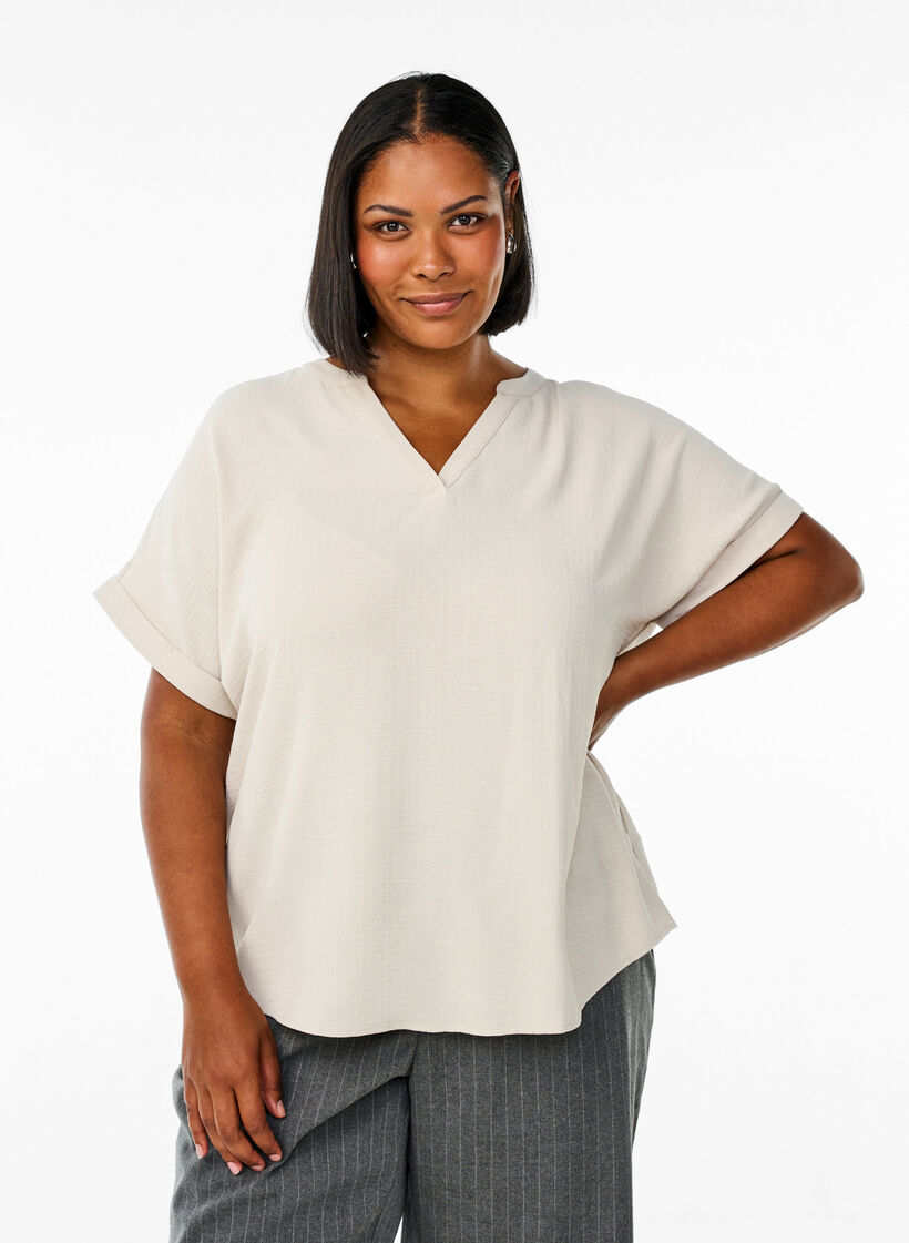 Løs bluse med korte ermer, Beige, Model image number 0