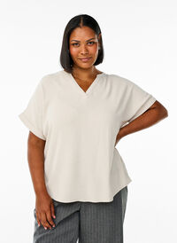 Løs bluse med korte ermer, Beige Løs bluse med korte ermer, Beige, Model