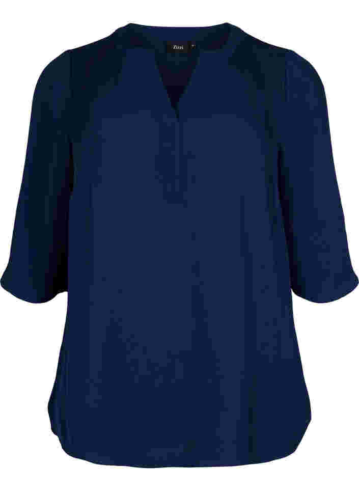 Bluse med 3/4 ermer og V-hals, Navy Blazer, Packshot image number 0