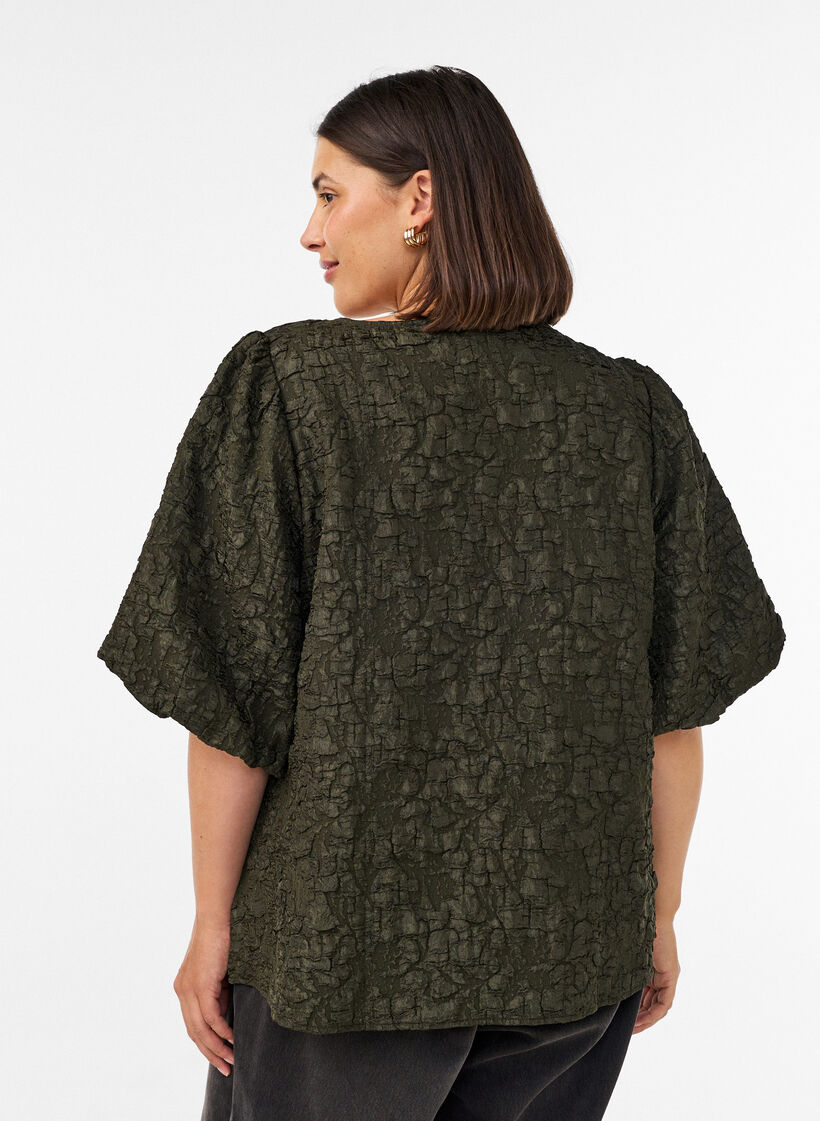 Jacquard bluse med puffermer og A-linjeform, Gr&oslash;nn, Model image number 2