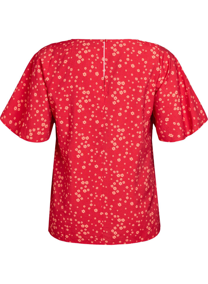 Blomstret bluse med flaggermusermer, Rød, Packshot image number 1