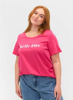 T-skjorte i bomull med tekst på brystet, Fandango Pink, Model image number 0