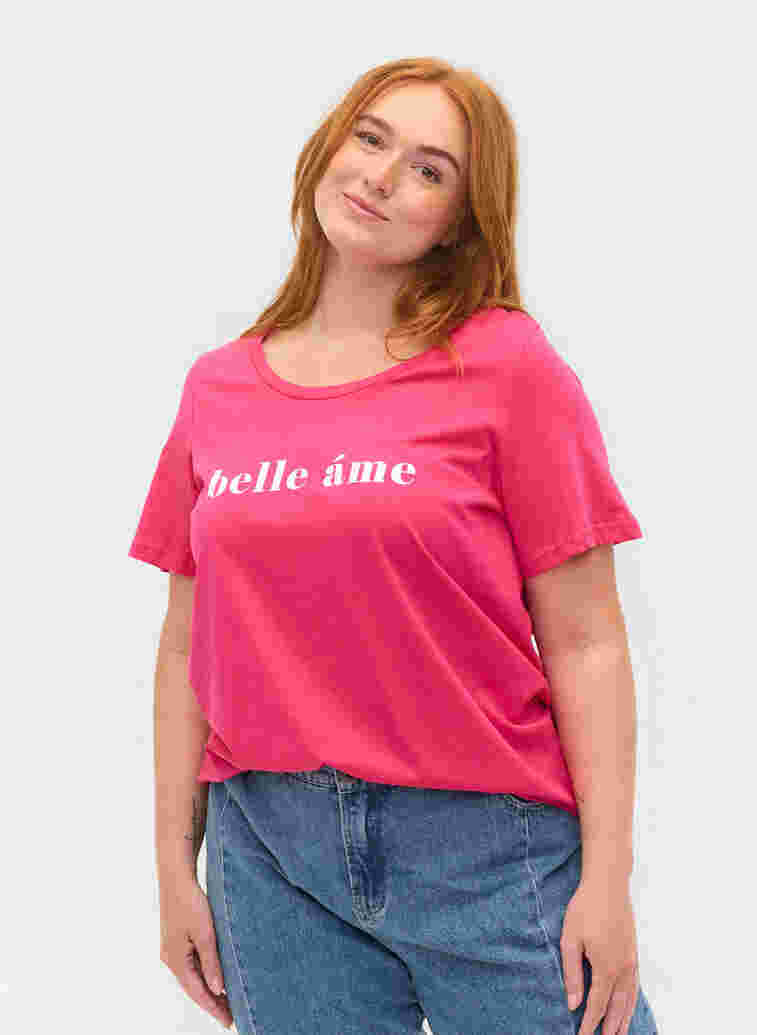 T-skjorte i bomull med tekst på brystet, Fandango Pink, Model