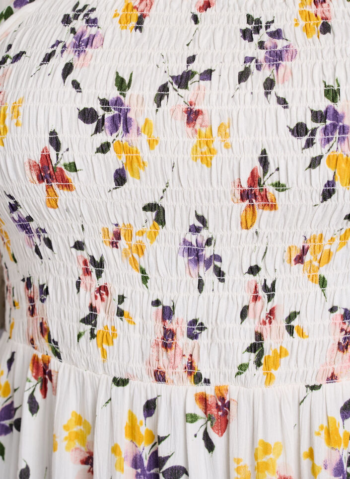 Blomstrete midikjole av viskose med smock, Hvit, Packshot image number 2