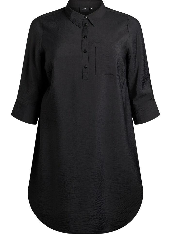 Kort kjole med krage og brystlomme, Svart, Packshot image number 0