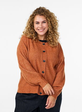 Zizzi Ribbestrikket cardigan med knapper, Orange, Model image number 0