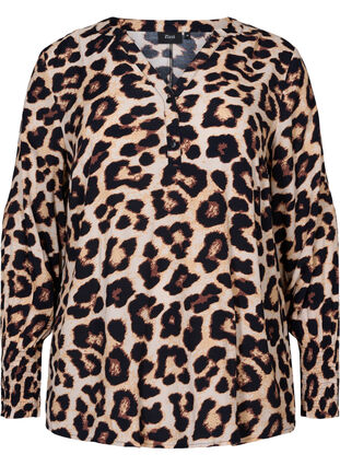 Zizzi Mønstrete bluse i viskose med smock, Leo AOP, Packshot image number 0