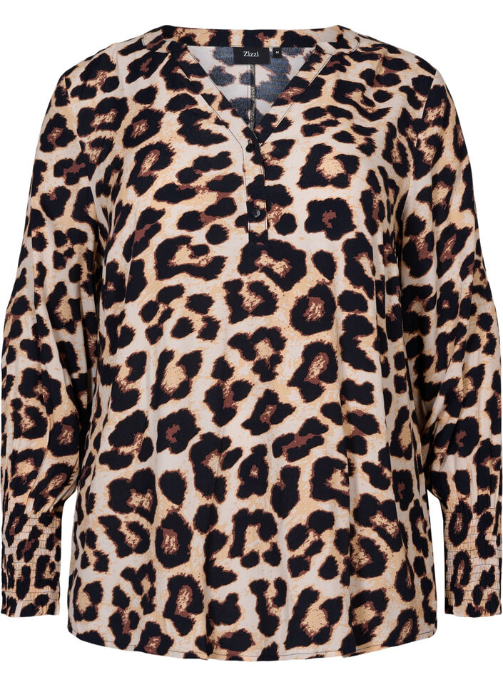 Mønstrete bluse i viskose med smock, Leo AOP, Packshot image number 0