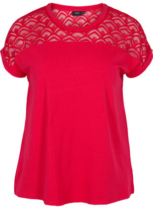 T-skjorte i bomull med blonder, Tango Red, Packshot image number 0