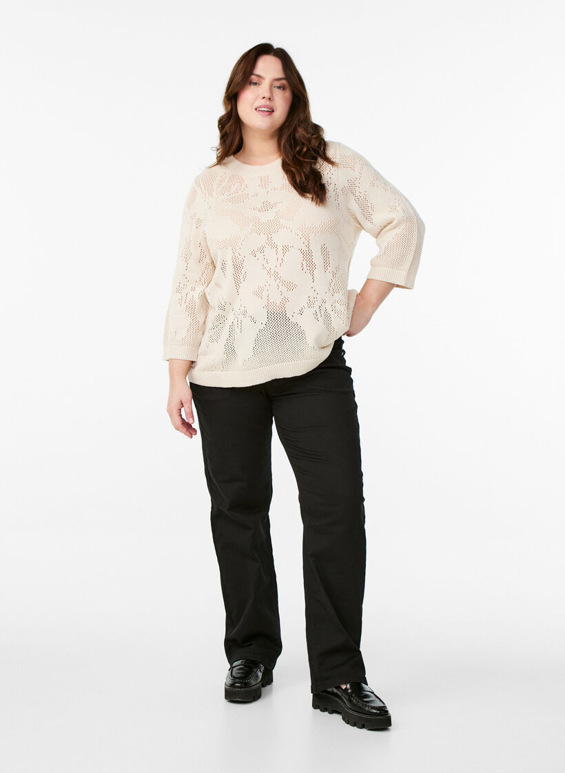Strikket bluse med åpent mønster og 3/4-ermer, Birch, Model