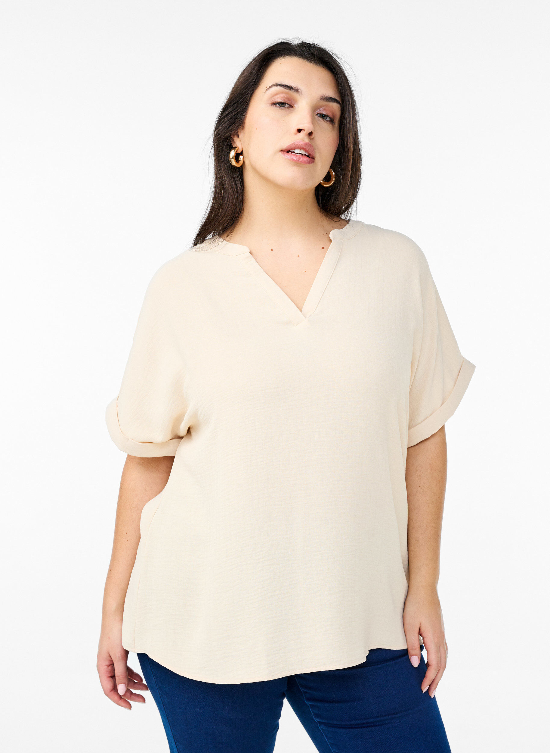 Zizzi L&oslash;s bluse med korte ermer, Beige, Model image number 0