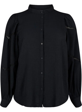 Skjortebluse med heklede detaljer, Black, Packshot image number 0