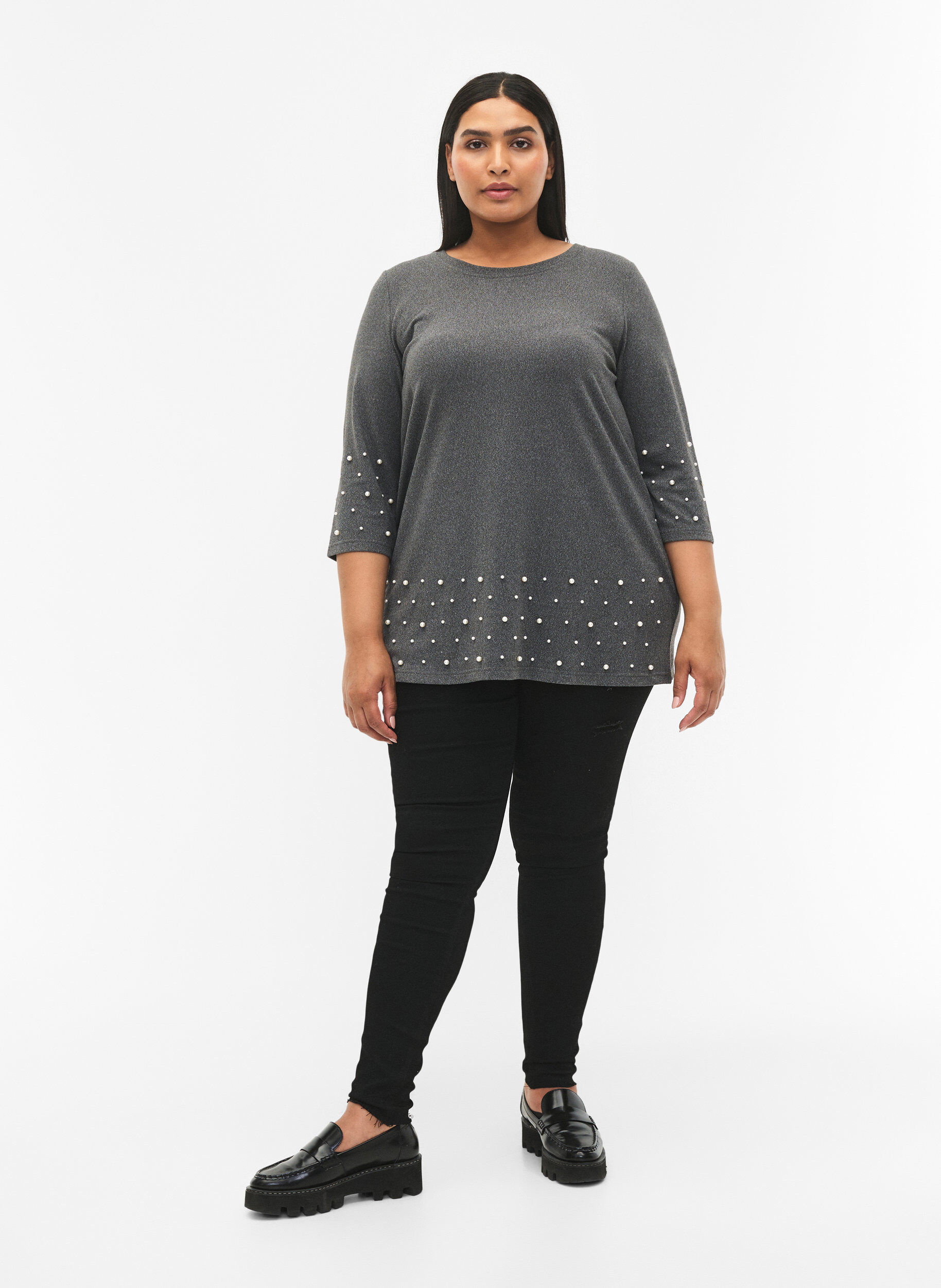 Zizzi Bluse med perler og 3/4-ermer, Dark Grey Melange, Model image number 2