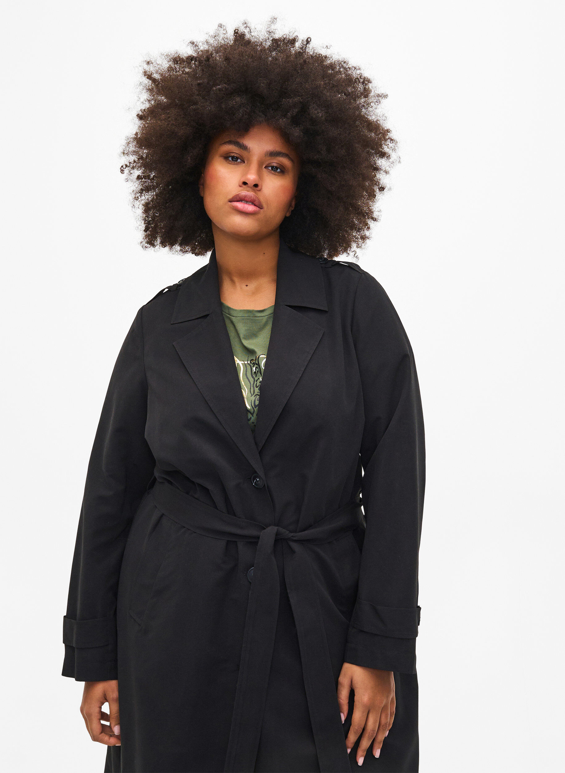 Zizzi Lang trenchcoat med belte, Black, Model image number 2