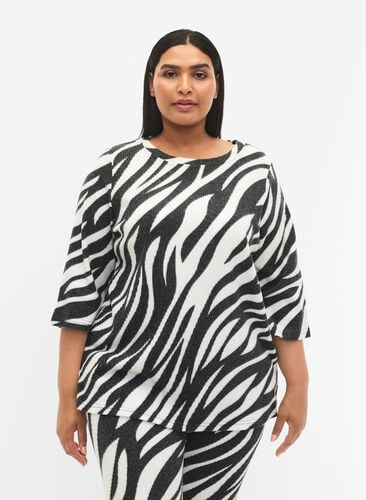 Bluse med sebratrykk og 3/4-ermer, White Zebra, Model image number 0