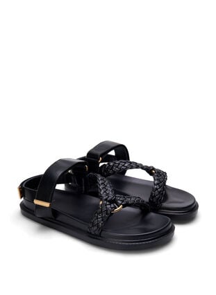 Zizzi Lærsandal med flettede stropper og bred passform, Svart, Packshot image number 1