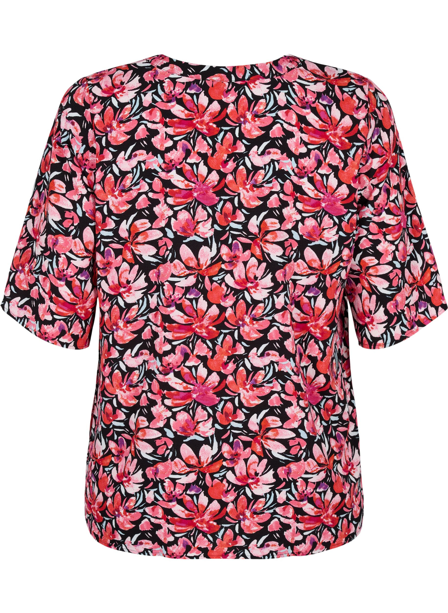 Zizzi Bluse med V-hals og blomstertrykk, Black Flower AOP, Packshot image number 1