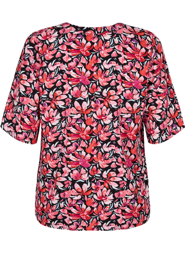 Bluse med V-hals og blomstertrykk, Black Flower AOP, Packshot image number 1
