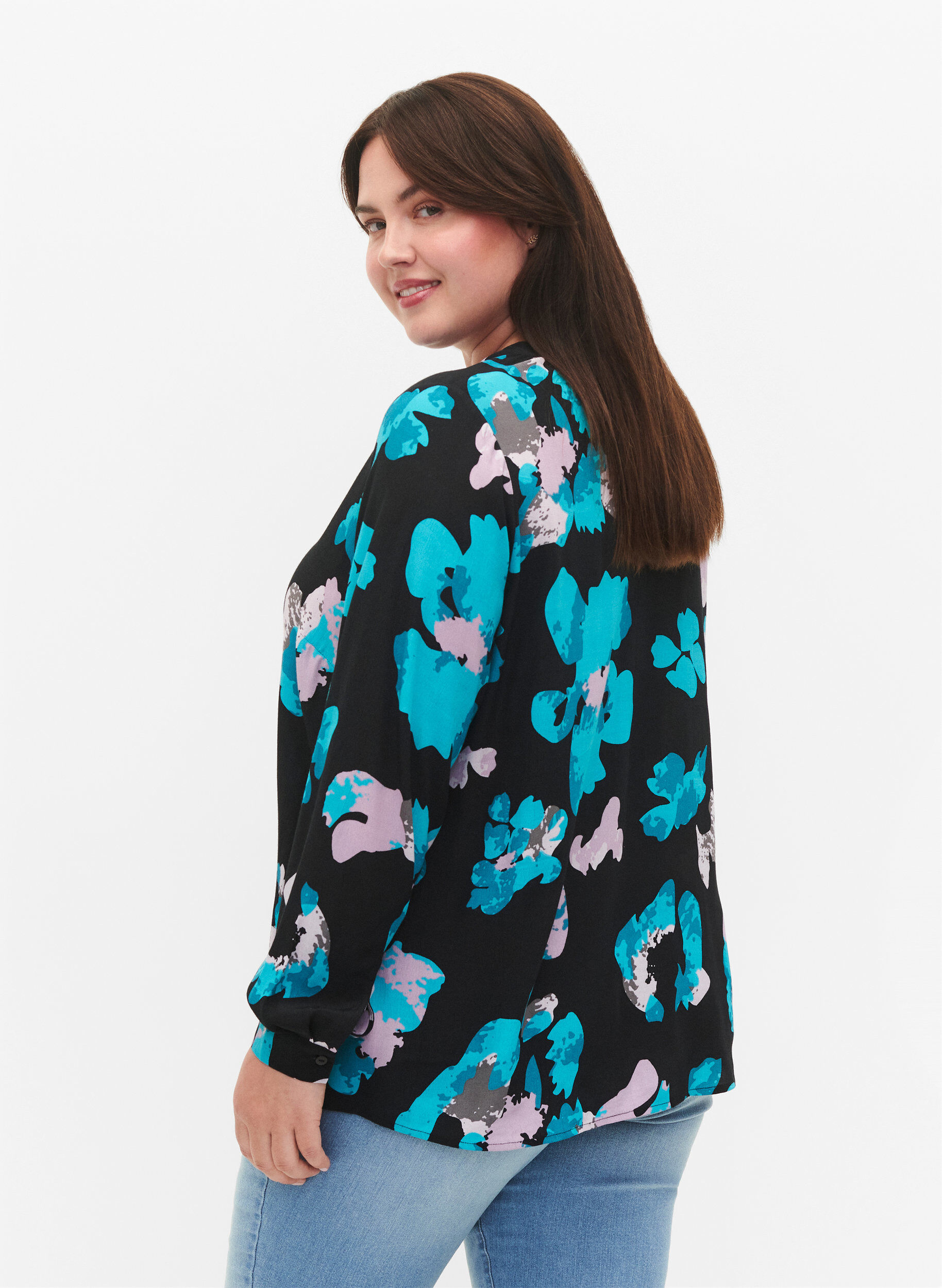 Zizzi Langermet viskosebluse med print, Blue AOP, Model image number 1