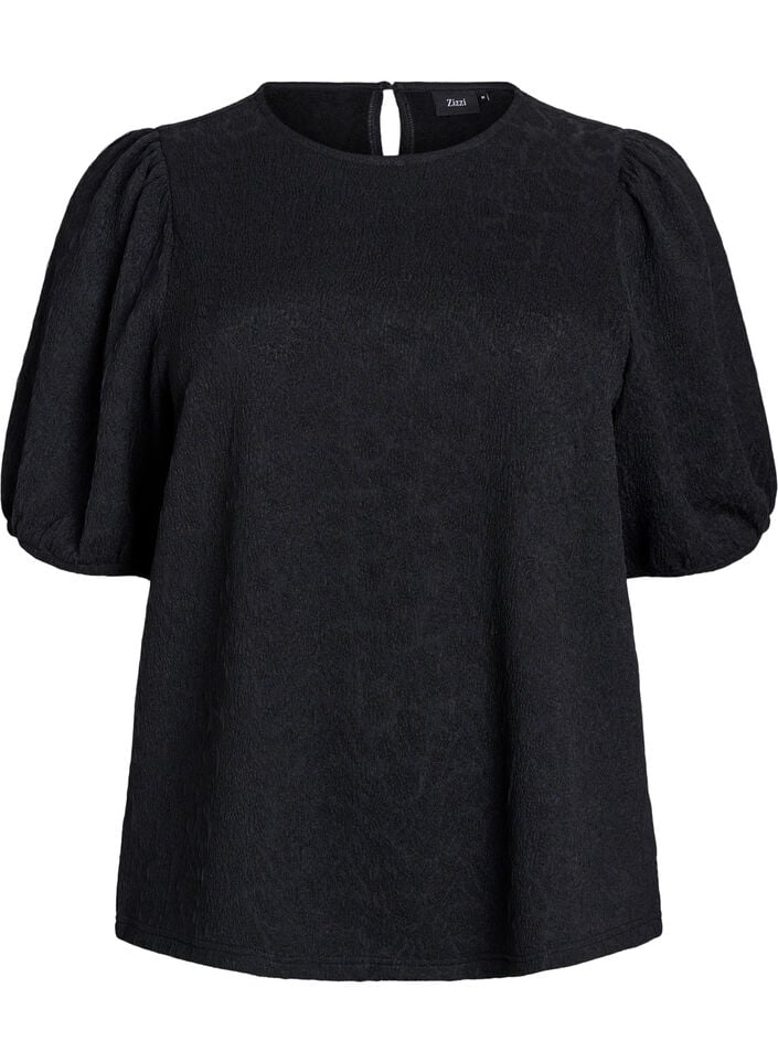 Strukturert bluse med korte ermer, Svart, Packshot image number 0