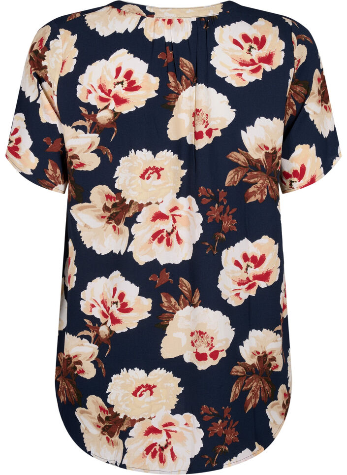 Bluse med korte ermer og V-hals, Bl&aring;, Packshot image number 1