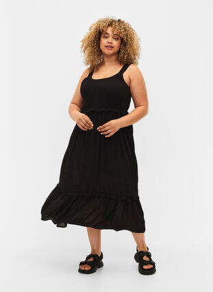 Midikjole i viskose med smock, Black, Model image number 0