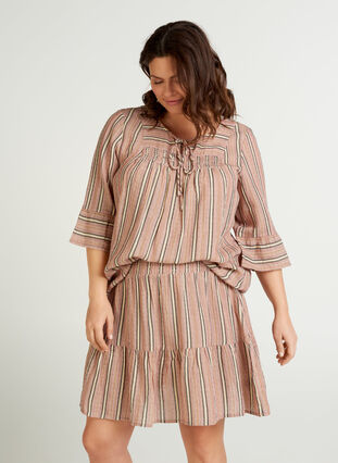 Stripete bluse med 3/4-ermer og smock, Rose Smoke stripe, Model image number 0