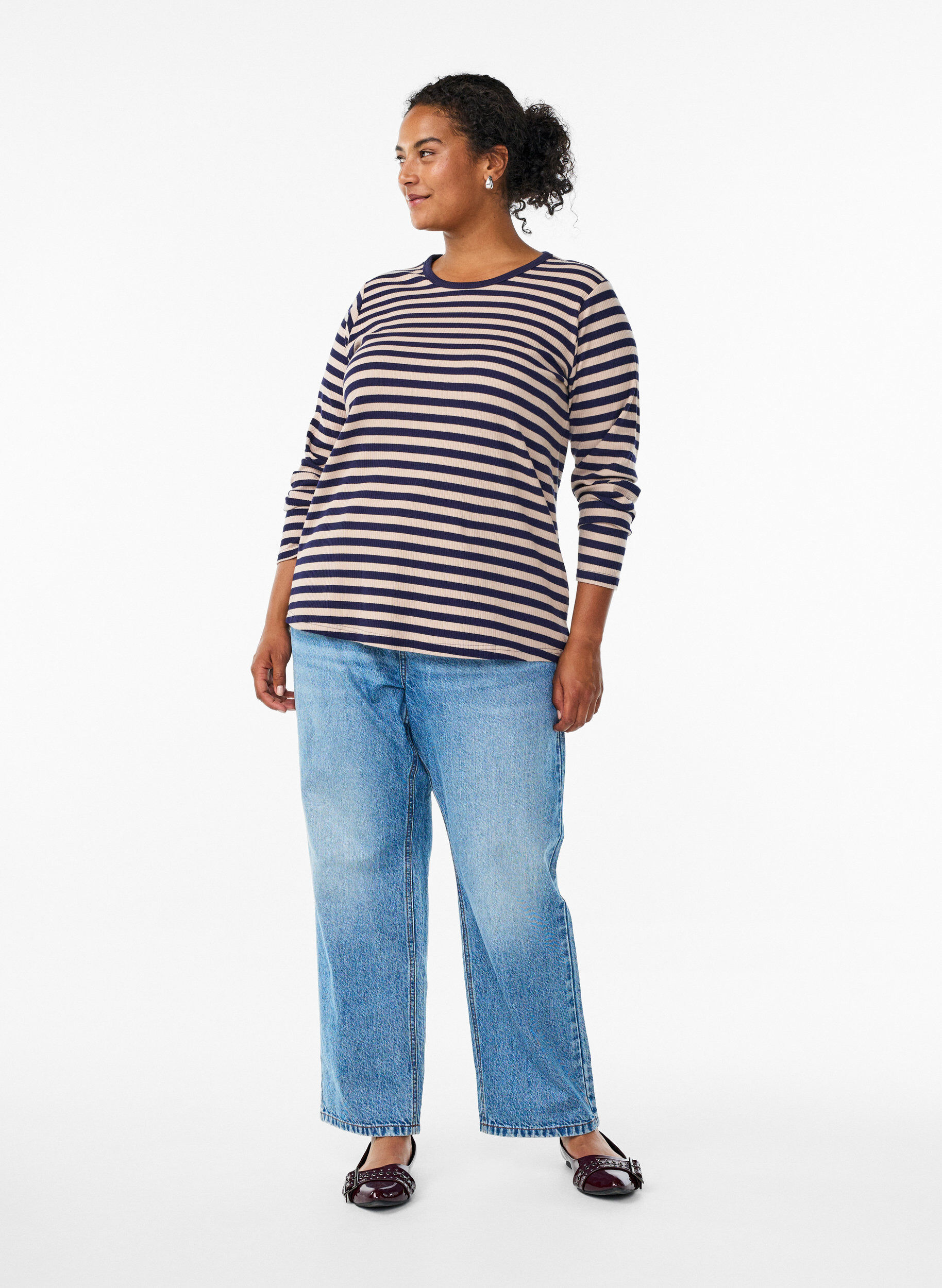 Zizzi Stripete bluse med lange ermer, Beige, Model image number 1