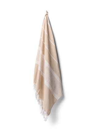 Stripete håndkle med frynser, Light Beige Melange, Packshot image number 0