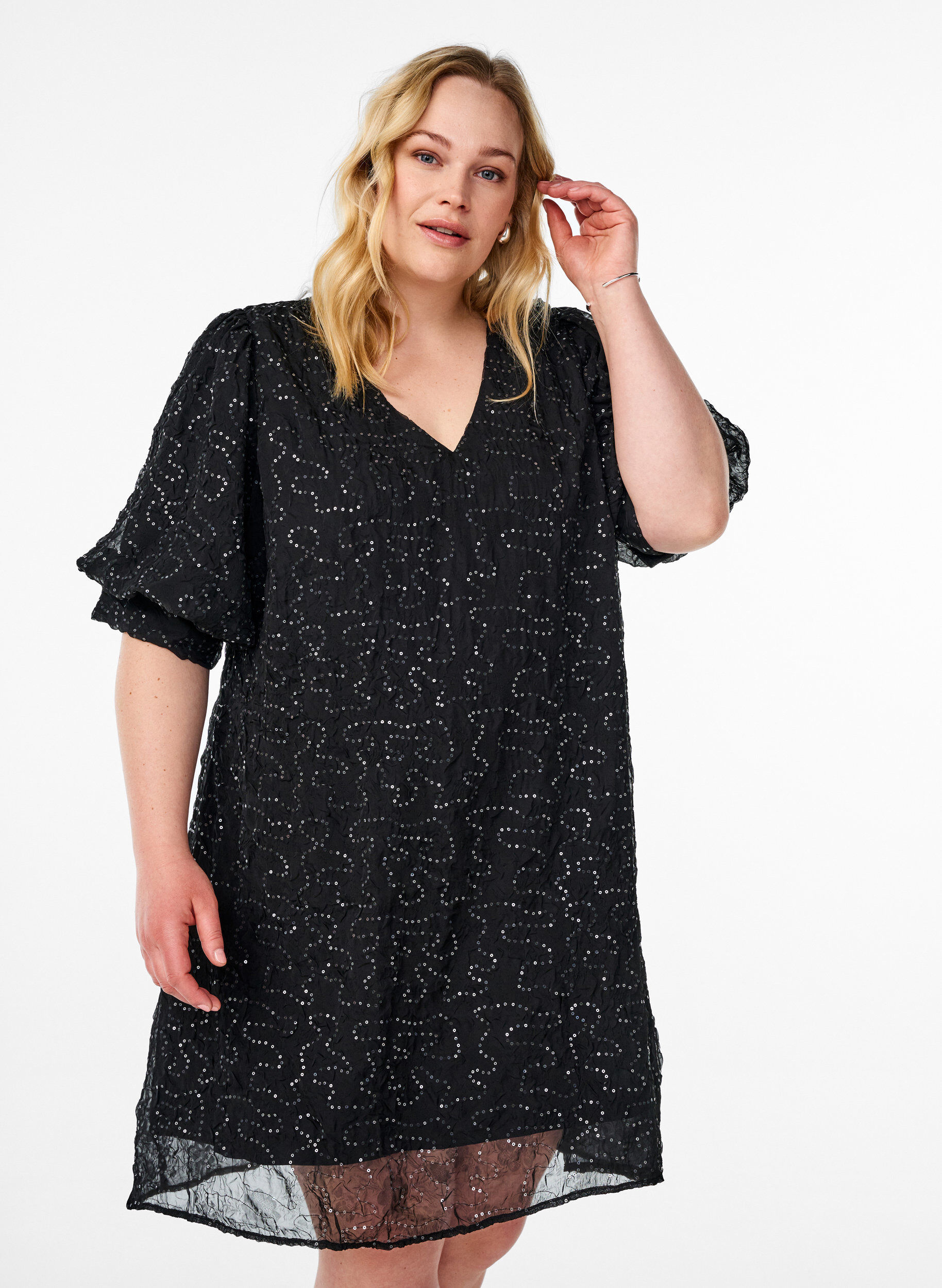 Kort festkjole med paljetter, Svart, Model