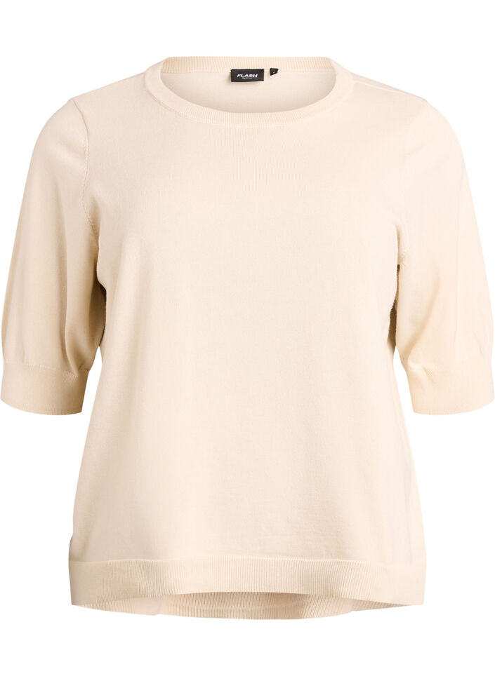 Finstrikket bluse med korte ermer, Beige, Packshot image number 0