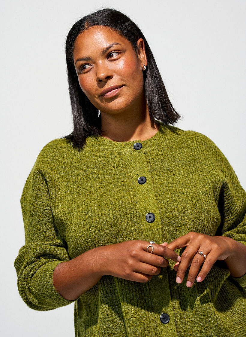 Ribbestrikket cardigan med knapper, Gr&oslash;nn, Model image number 3