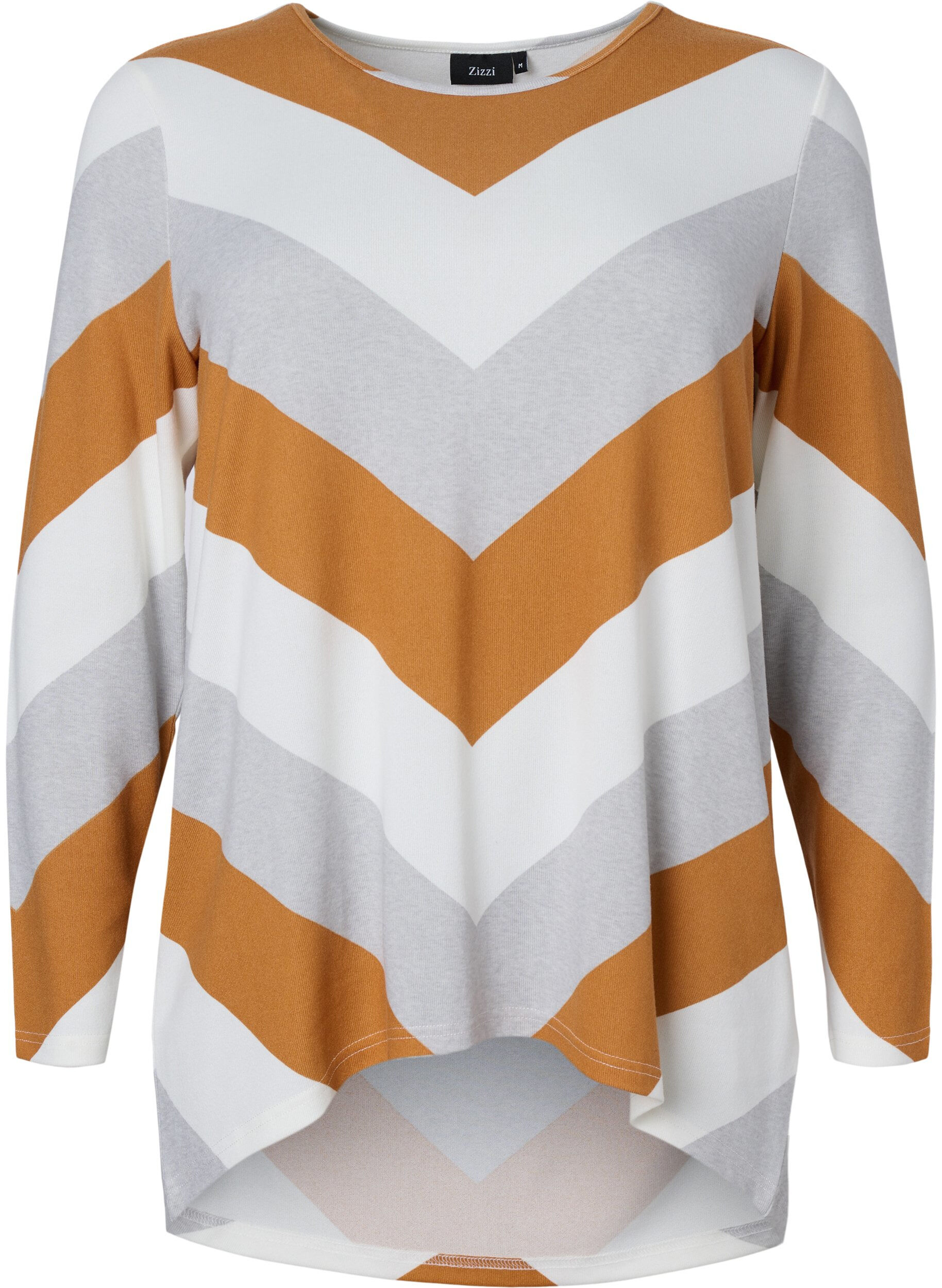Zizzi M&oslash;nstret bluse med lange ermer, Beige Zig Zag, Packshot image number 0