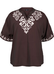 Kortermet bluse med trykk og volanger, Seal Brown