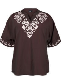 Kortermet bluse med trykk og volanger, Brun Kortermet bluse med trykk og volanger